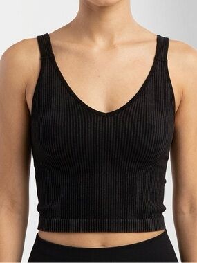 Free People Solid Ribbed V-Neck Brami Crop Top Washed Black Size Small